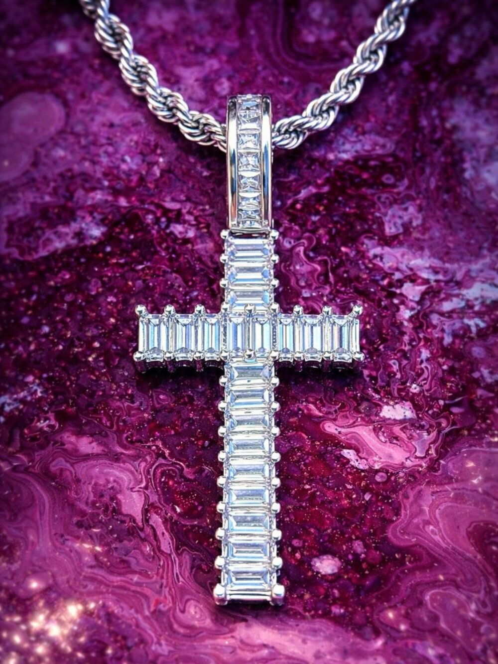 Silver Baguette Iced Out Cross Necklace